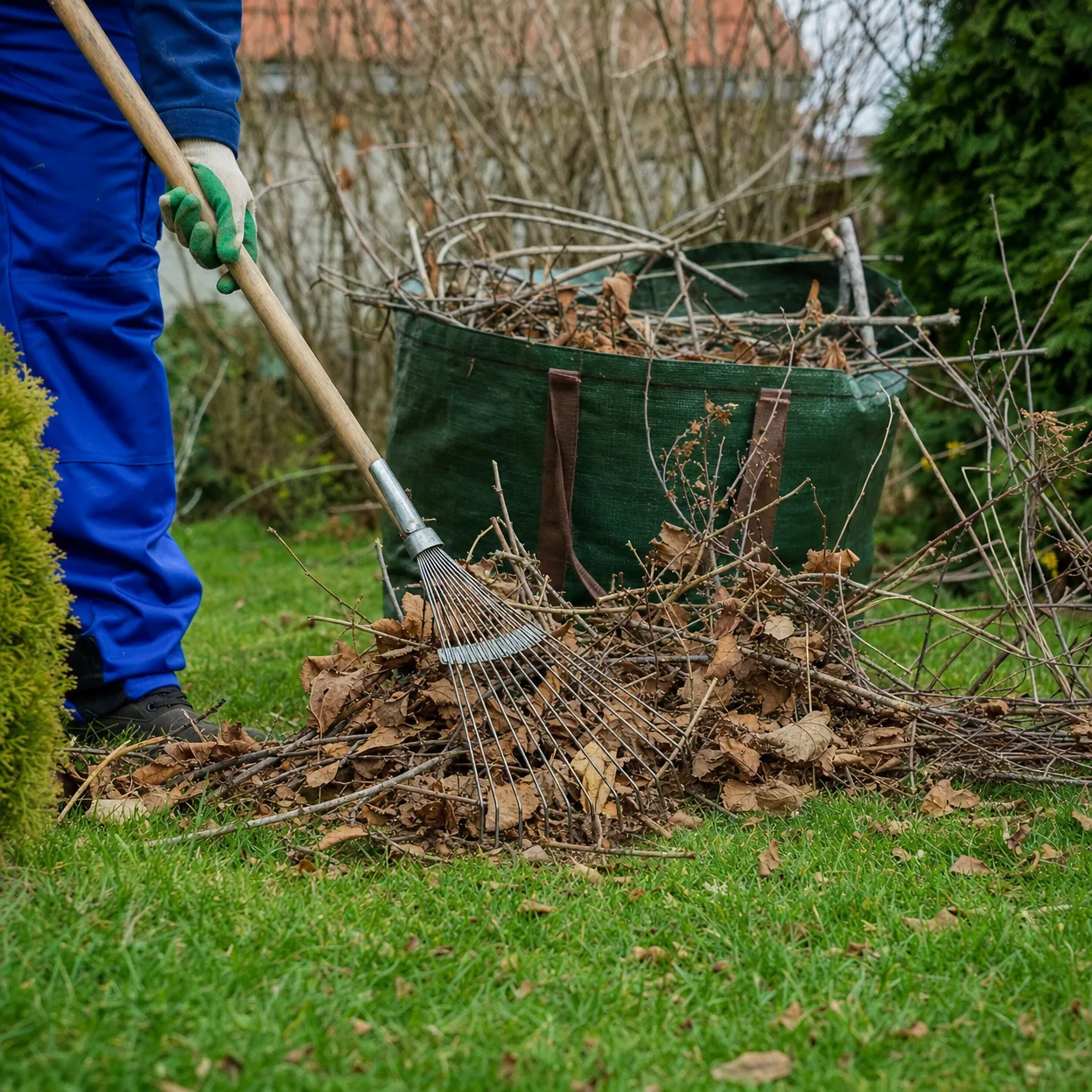 Úklid listí a větví v zahradě – pracovník s hráběmi a plná pytle bioodpadu
